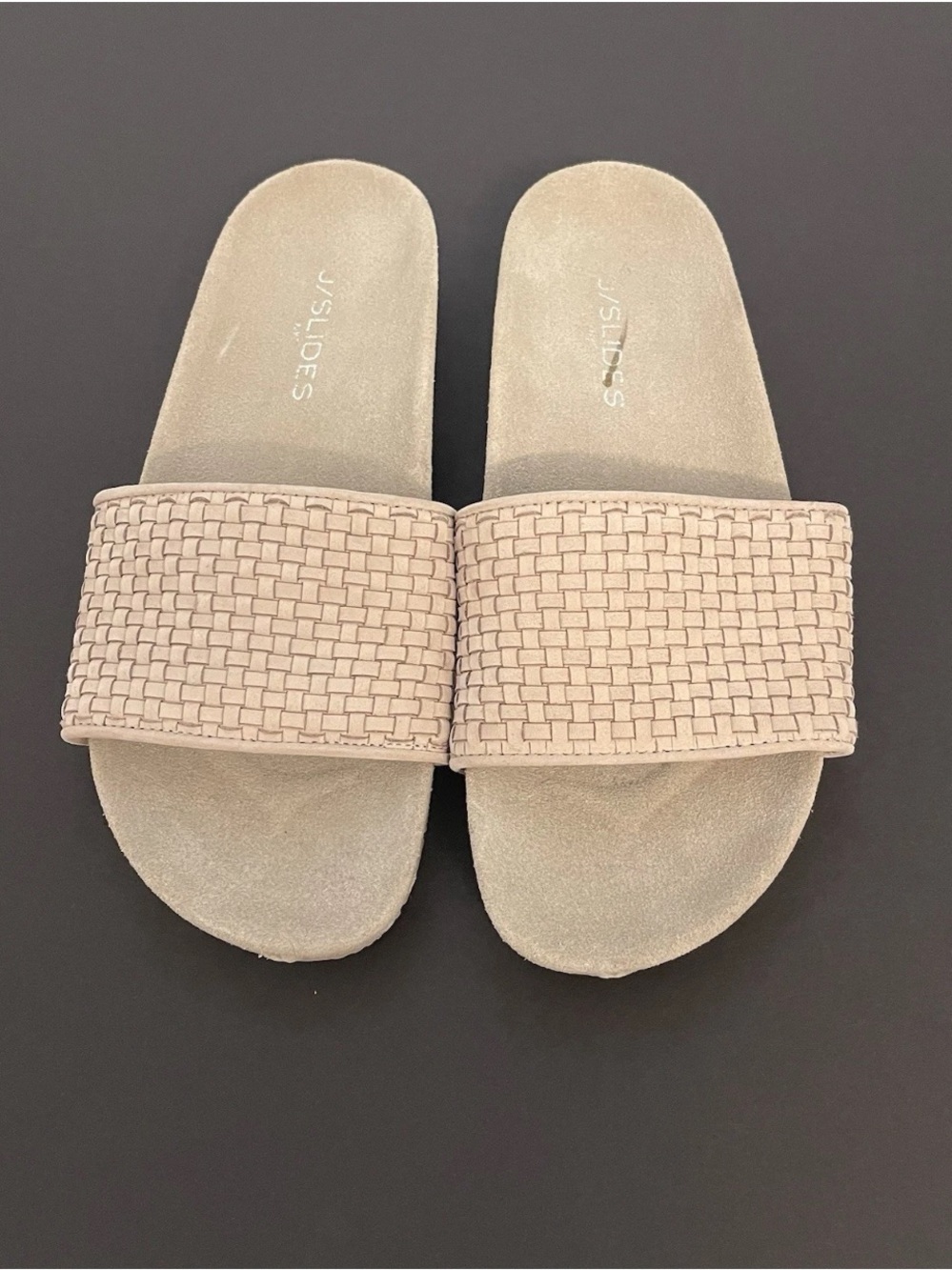 J/SLIDES NYC Naomie Woven Slide Sandals in Beige Grey